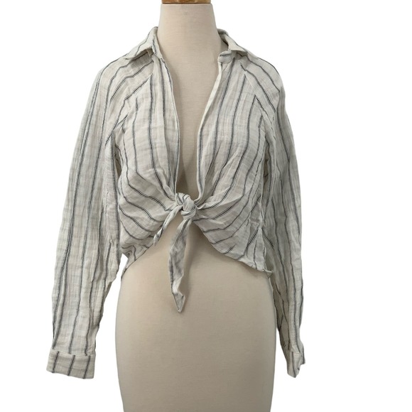 NWT Forever 21 Long‎ Sleeve Crinkled Tie Front Top White/Navy Striped S - Picture 1 of 8